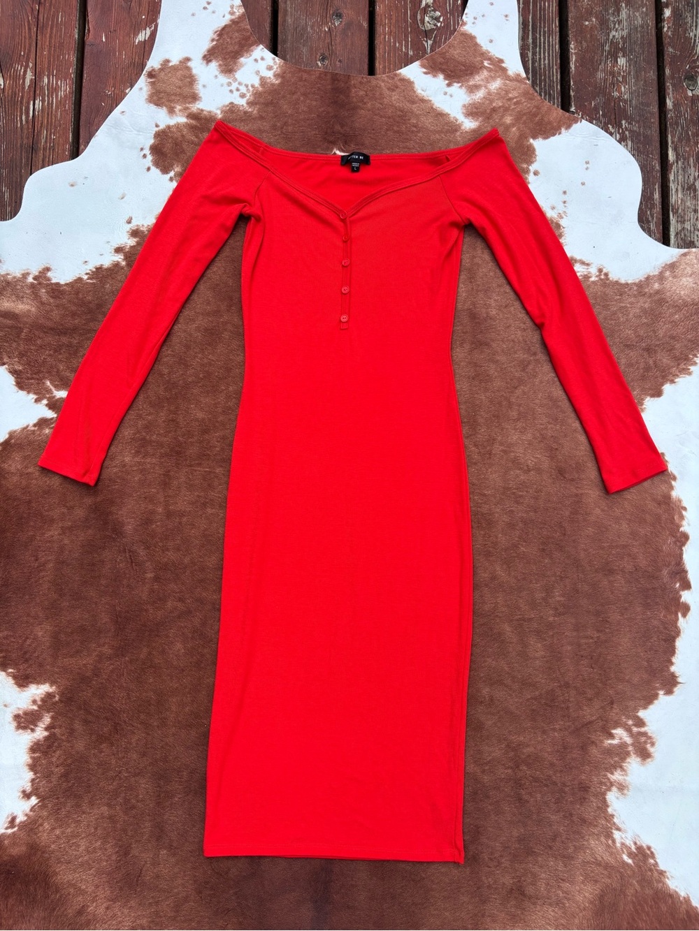 Red Off-Shoulder Button-Front Long Sleeve Bodycon Dress